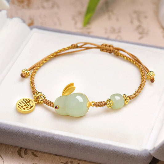 Hetian Jade Rabbit Charm Bracelet with Lucky Coin – Handcrafted Jade Bracelet for Women, Perfect Birthday Gift - STAR8S