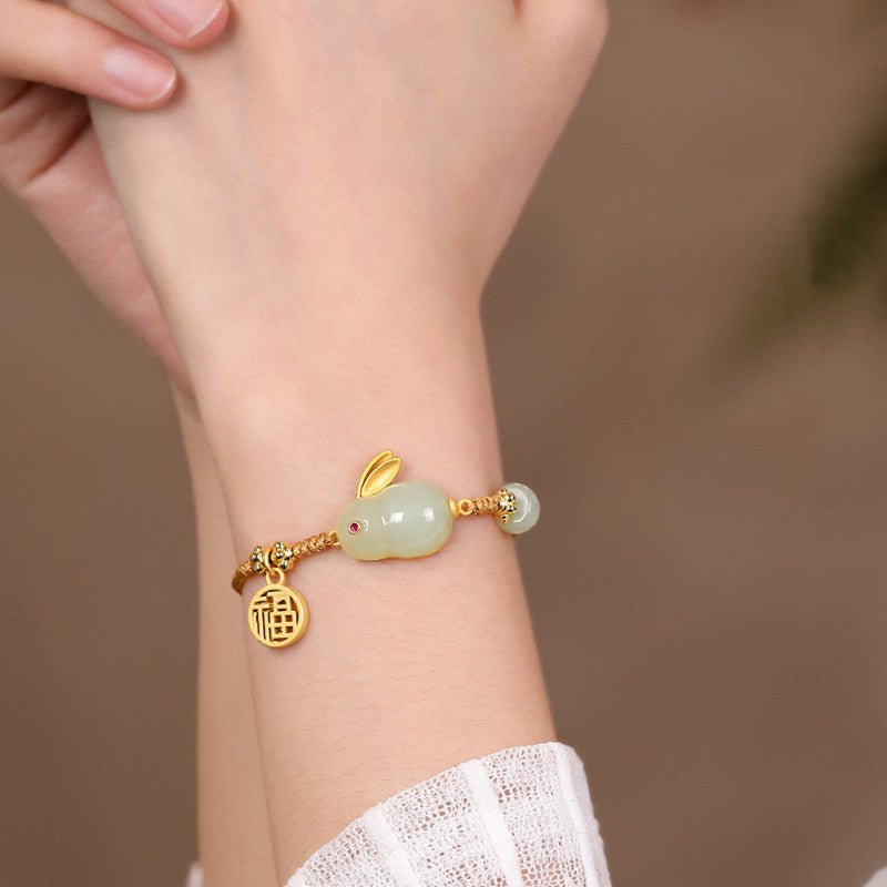 hetian jade rabbit charm bracelet with lucky coin – handcrafted jade bracelet for women, perfect birthday gift - star8s