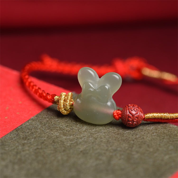hetian jade rabbit red string bracelet with gold tassels - adjustable good luck bracelet for zodiac year - star8s