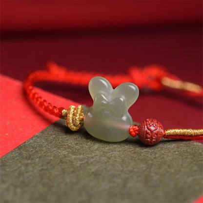 Hetian Jade Rabbit Red String Bracelet with Gold Tassels - Adjustable Good Luck Bracelet for Zodiac Year - STAR8S