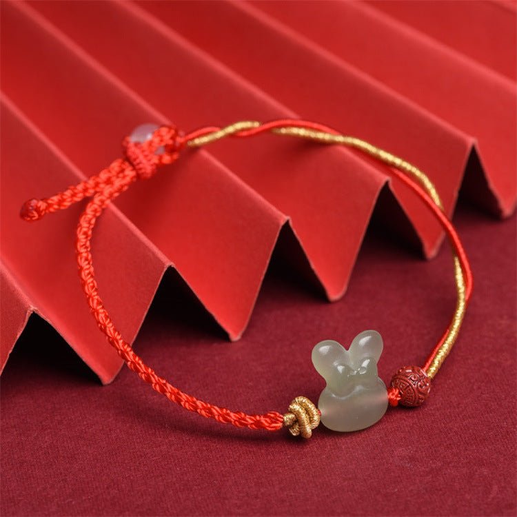 hetian jade rabbit red string bracelet with gold tassels - adjustable good luck bracelet for zodiac year - star8s