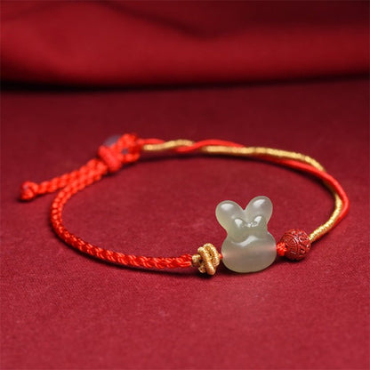 Hetian Jade Rabbit Red String Bracelet with Gold Tassels - Adjustable Good Luck Bracelet for Zodiac Year - STAR8S