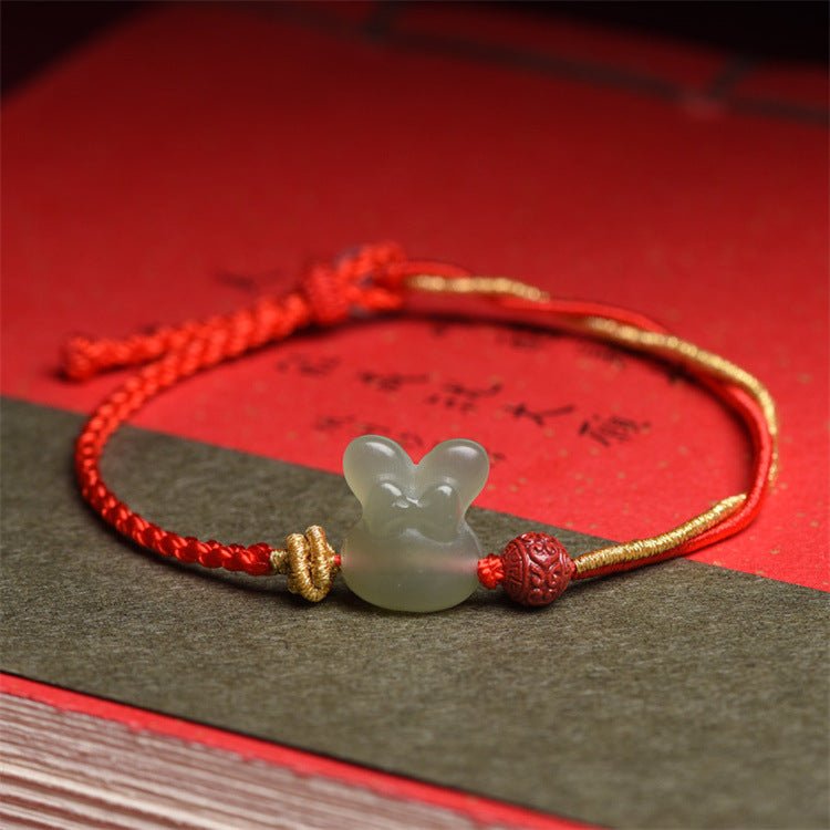 Hetian Jade Rabbit Red String Bracelet with Gold Tassels - Adjustable Good Luck Bracelet for Zodiac Year - STAR8S