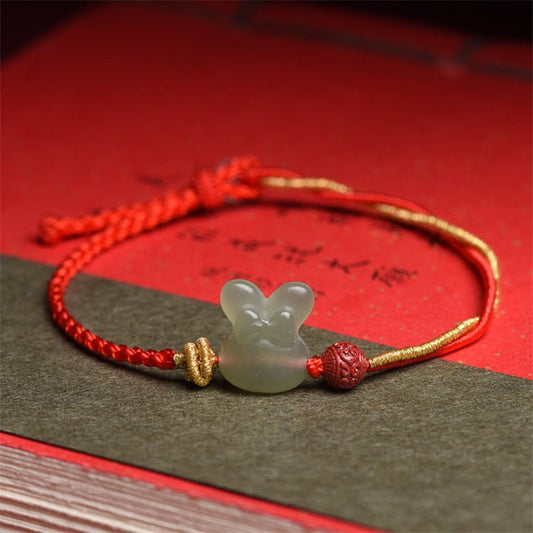 Hetian Jade Rabbit Red String Bracelet with Gold Tassels - Adjustable Good Luck Bracelet for Zodiac Year - STAR8S
