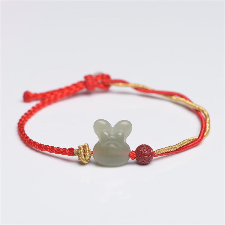 hetian jade rabbit red string bracelet with gold tassels - adjustable good luck bracelet for zodiac year - star8s