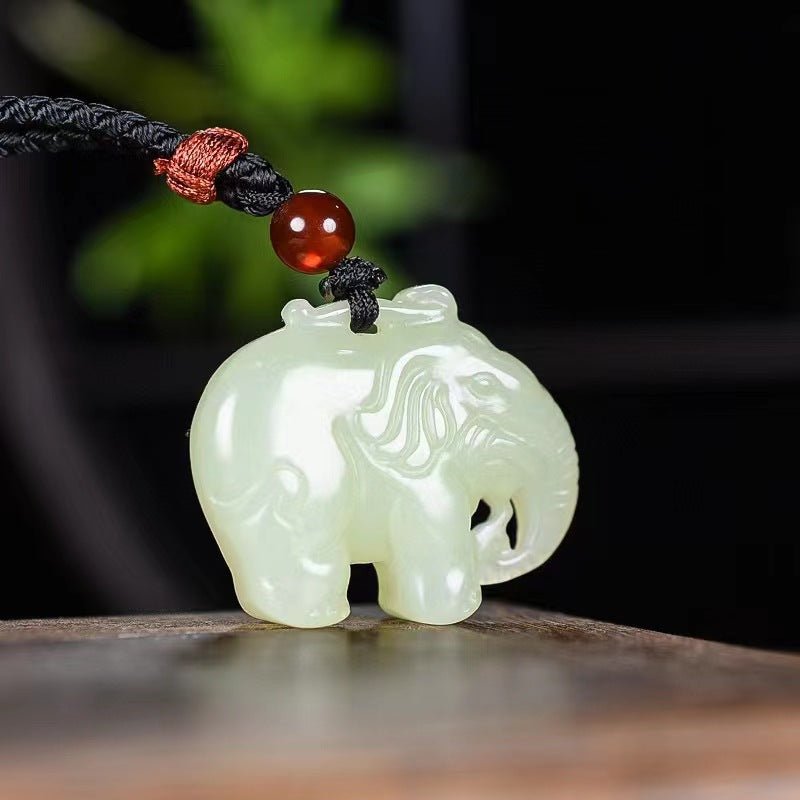 Hetian Jade White Elephant Pendant Necklace - Unisex Good Luck Jade Charm - STAR8S