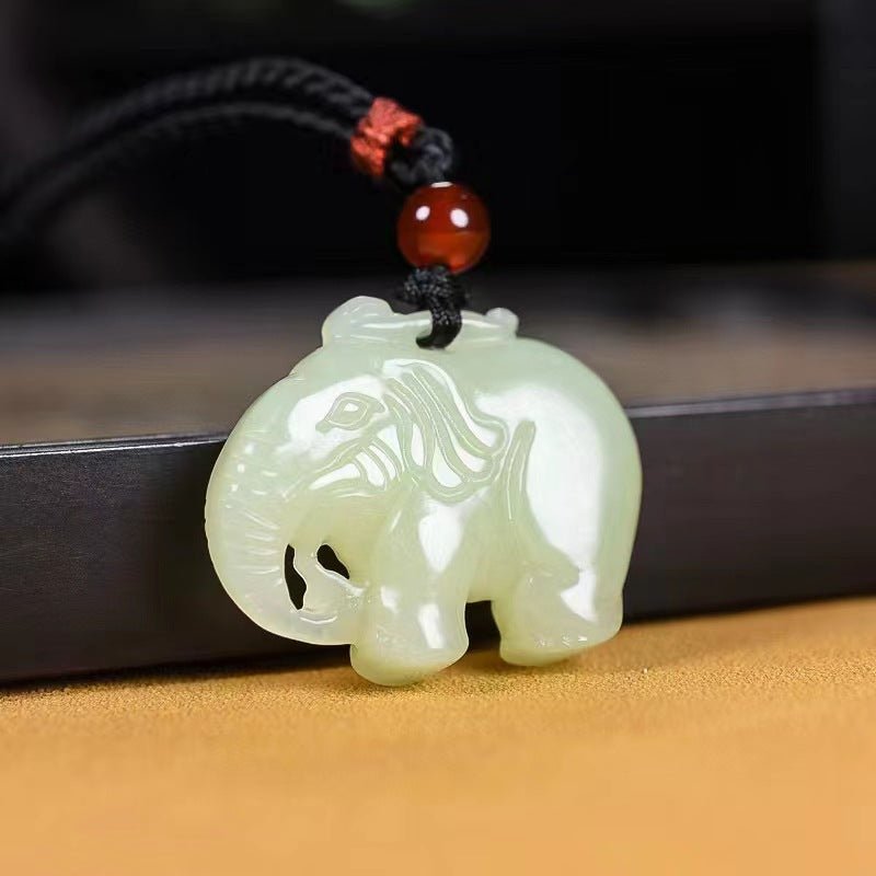 Hetian Jade White Elephant Pendant Necklace - Unisex Good Luck Jade Charm - STAR8S