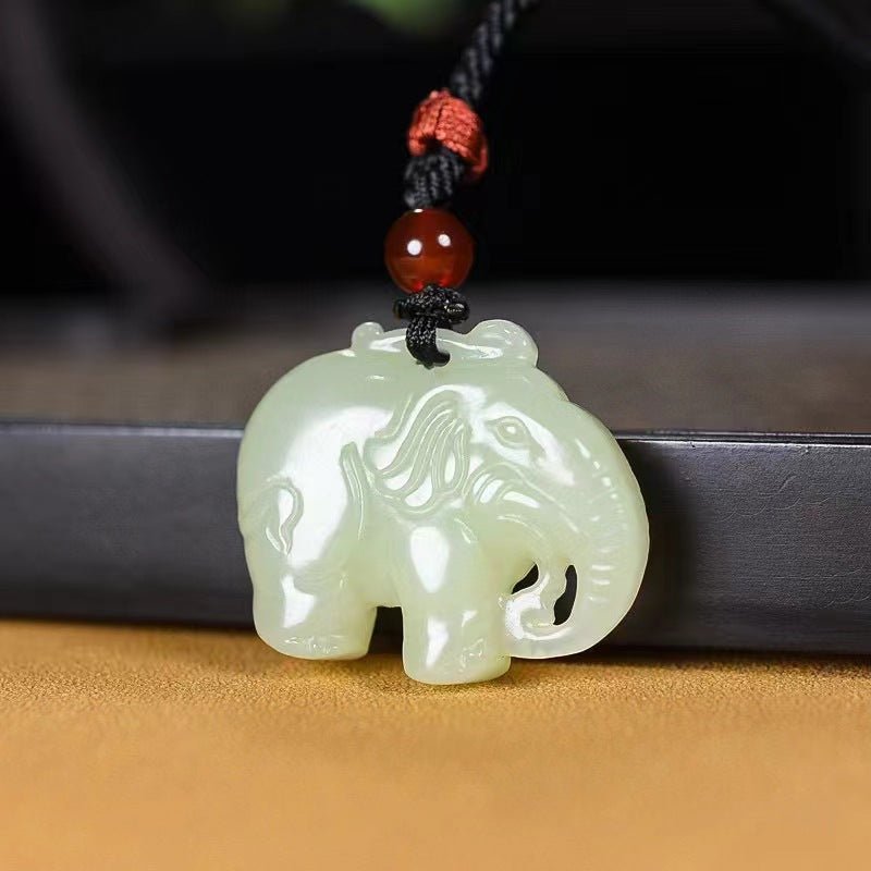 Hetian Jade White Elephant Pendant Necklace - Unisex Good Luck Jade Charm - STAR8S