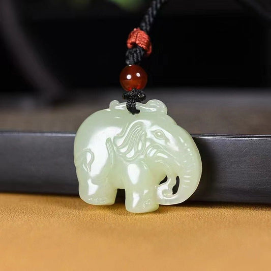 Hetian Jade White Elephant Pendant Necklace - Unisex Good Luck Jade Charm - STAR8S