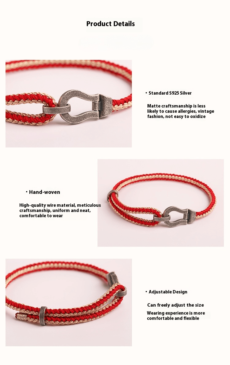 Horseshoe Buckle Red String Bracelet | Adjustable for Couples - S925 Silver - STAR8S