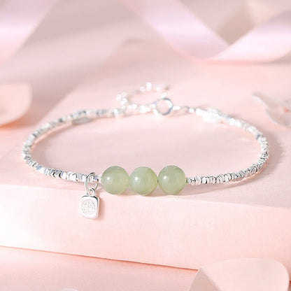 Jade and Silver Bracelet with Hetian Jade, 925 Silver, Fu, Broken Silver, and Ball | STAR8S