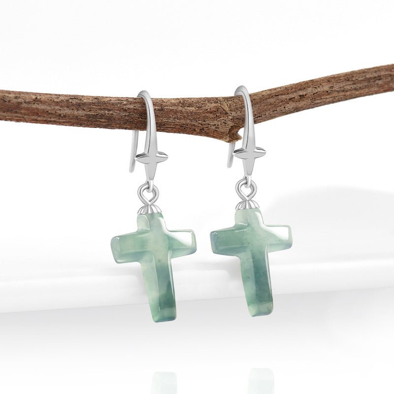 Jade Blue Water Cross Earrings S925 Silver Inlaid Ice Jade Earrings Safety Earrings - STAR8S