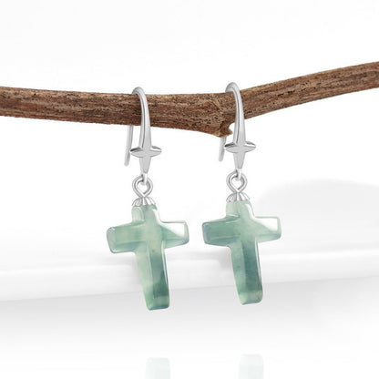 Jade Blue Water Cross Earrings S925 Silver Inlaid Ice Jade Earrings Safety Earrings - STAR8S