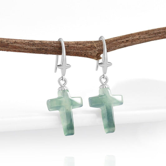 Jade Blue Water Cross Earrings S925 Silver Inlaid Ice Jade Earrings Safety Earrings - STAR8S