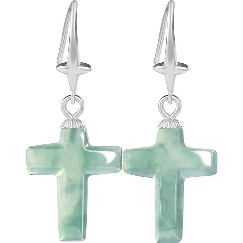 Jade Blue Water Cross Earrings S925 Silver Inlaid Ice Jade Earrings Safety Earrings - STAR8S