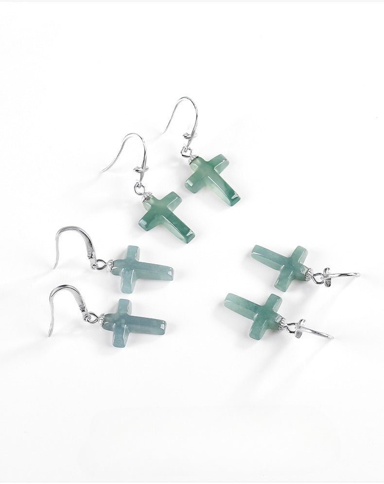 Jade Blue Water Cross Earrings S925 Silver Inlaid Ice Jade Earrings Safety Earrings - STAR8S