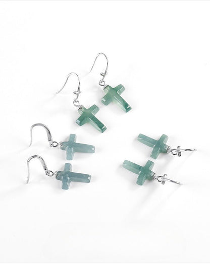 Jade Blue Water Cross Earrings S925 Silver Inlaid Ice Jade Earrings Safety Earrings - STAR8S