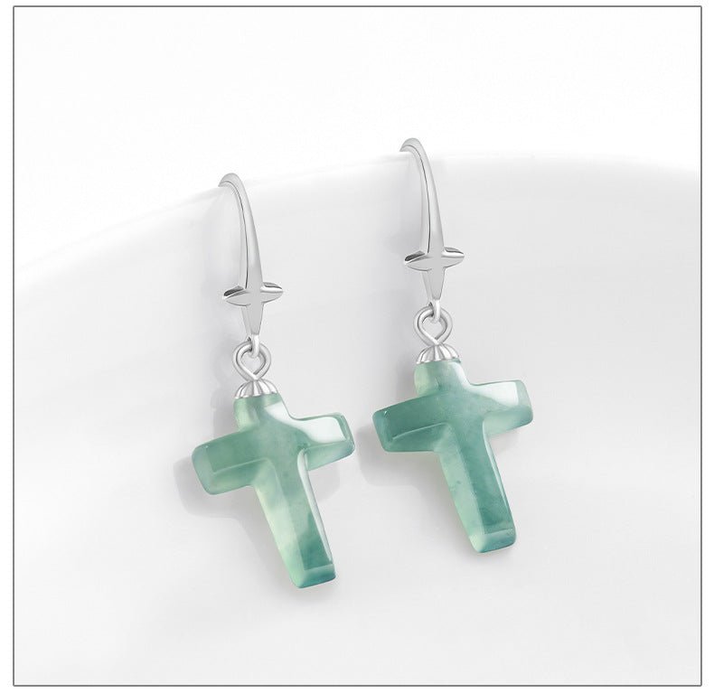 Jade Blue Water Cross Earrings S925 Silver Inlaid Ice Jade Earrings Safety Earrings - STAR8S