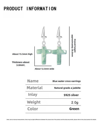 Jade Blue Water Cross Earrings S925 Silver Inlaid Ice Jade Earrings Safety Earrings - STAR8S
