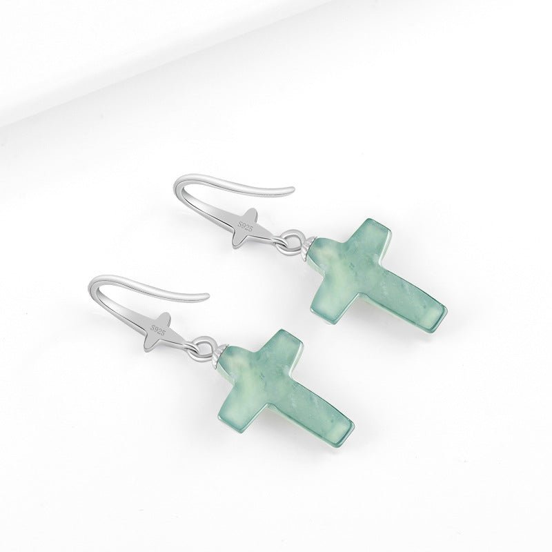 Jade Blue Water Cross Earrings S925 Silver Inlaid Ice Jade Earrings Safety Earrings - STAR8S