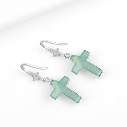 Jade Blue Water Cross Earrings S925 Silver Inlaid Ice Jade Earrings Safety Earrings - STAR8S