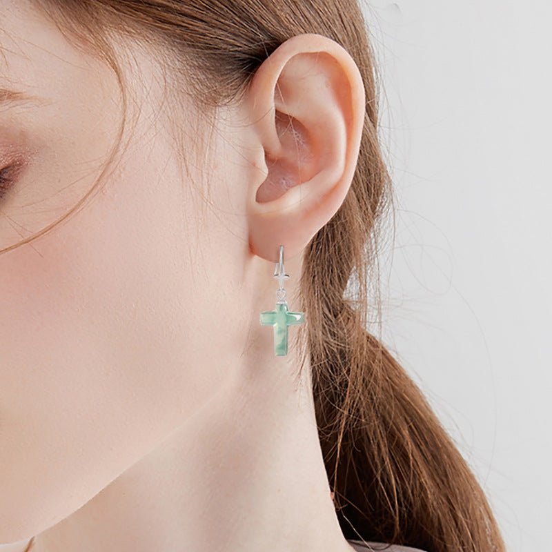 Jade Blue Water Cross Earrings S925 Silver Inlaid Ice Jade Earrings Safety Earrings - STAR8S