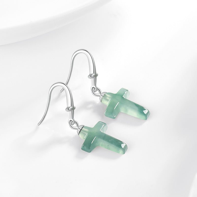 Jade Blue Water Cross Earrings S925 Silver Inlaid Ice Jade Earrings Safety Earrings - STAR8S