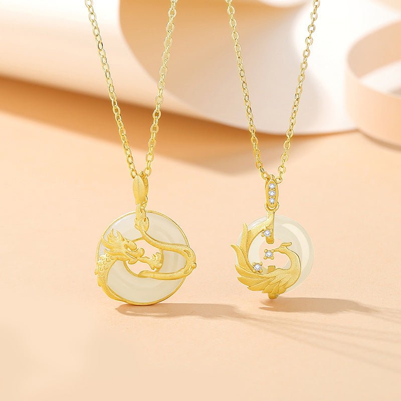 jade dragon phoenix pendants - 925 silver hetian couples necklace | star8s