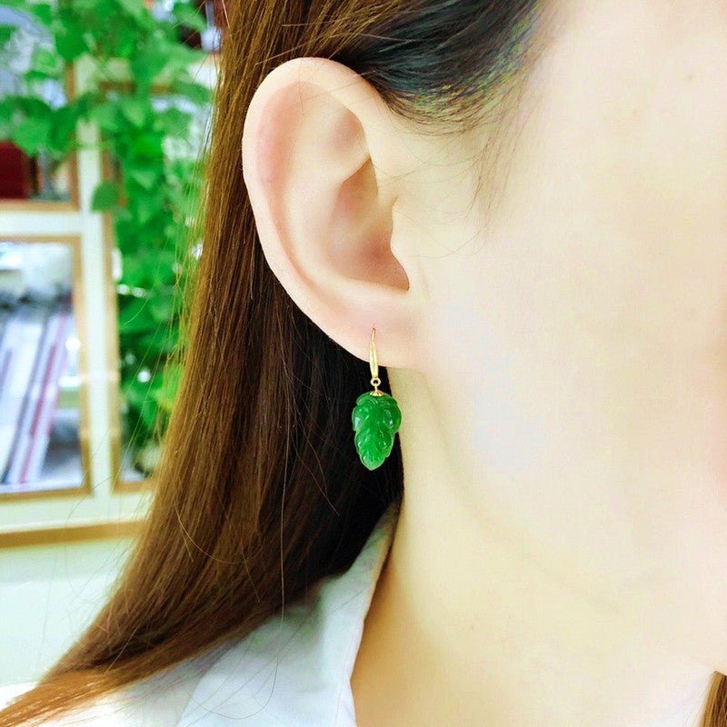 Jade Earrings - Spinach Green Leaf Design with 18K Gold Hooks | Elegant Nature - Inspired Jewelry - STAR8S