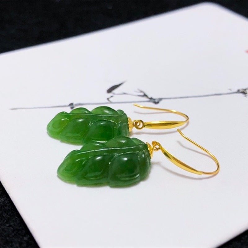 Jade Earrings - Spinach Green Leaf Design with 18K Gold Hooks | Elegant Nature - Inspired Jewelry - STAR8S
