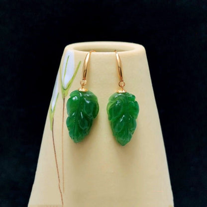 Jade Earrings - Spinach Green Leaf Design with 18K Gold Hooks | Elegant Nature - Inspired Jewelry - STAR8S