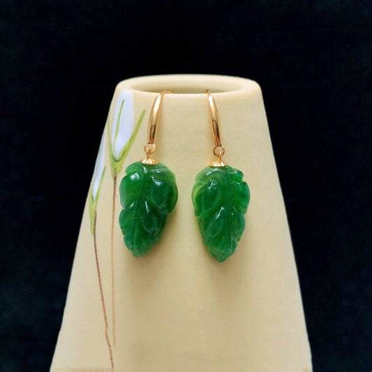 Jade Earrings - Spinach Green Leaf Design with 18K Gold Hooks | Elegant Nature - Inspired Jewelry - STAR8S