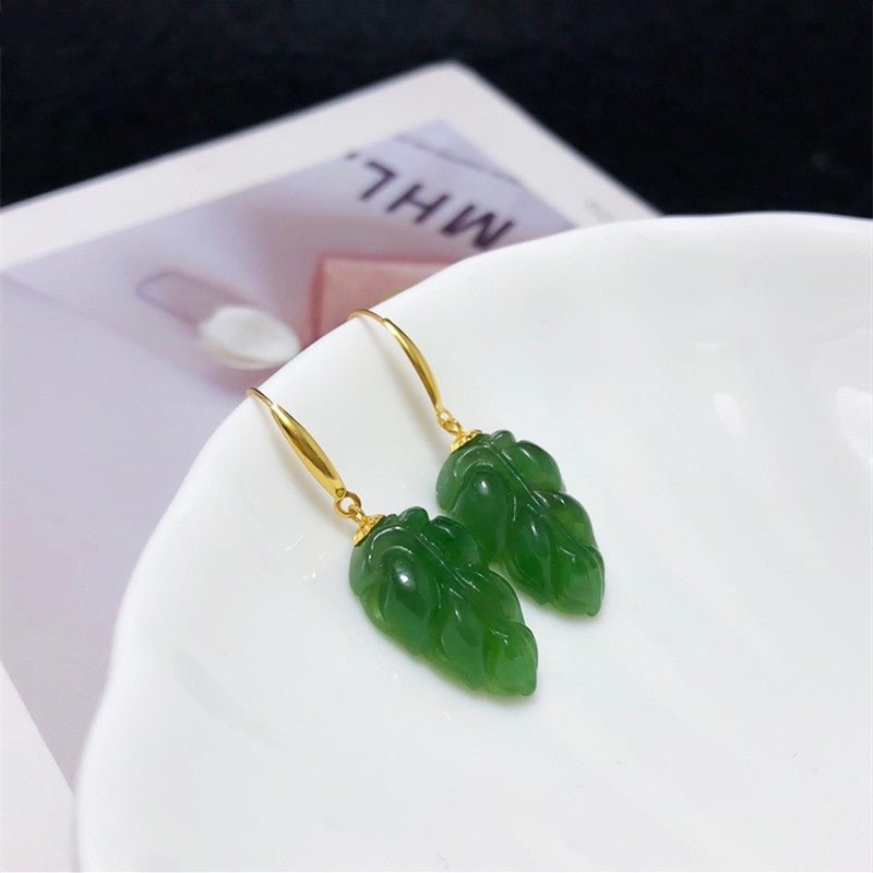 Jade Earrings - Spinach Green Leaf Design with 18K Gold Hooks | Elegant Nature - Inspired Jewelry - STAR8S
