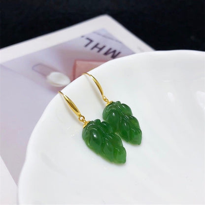 Jade Earrings - Spinach Green Leaf Design with 18K Gold Hooks | Elegant Nature - Inspired Jewelry - STAR8S