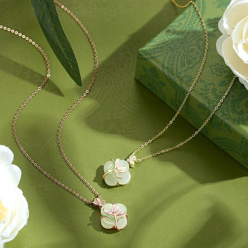 jade flower necklace - 925 silver hetian magnolia clover | star8s