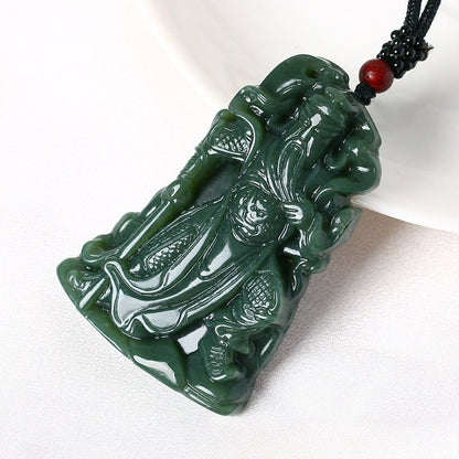 Jade Necklace - Hand - Carved Hetian Jade Guan Gong Pendant for Men, Powerful Warrior Amulet - STAR8S