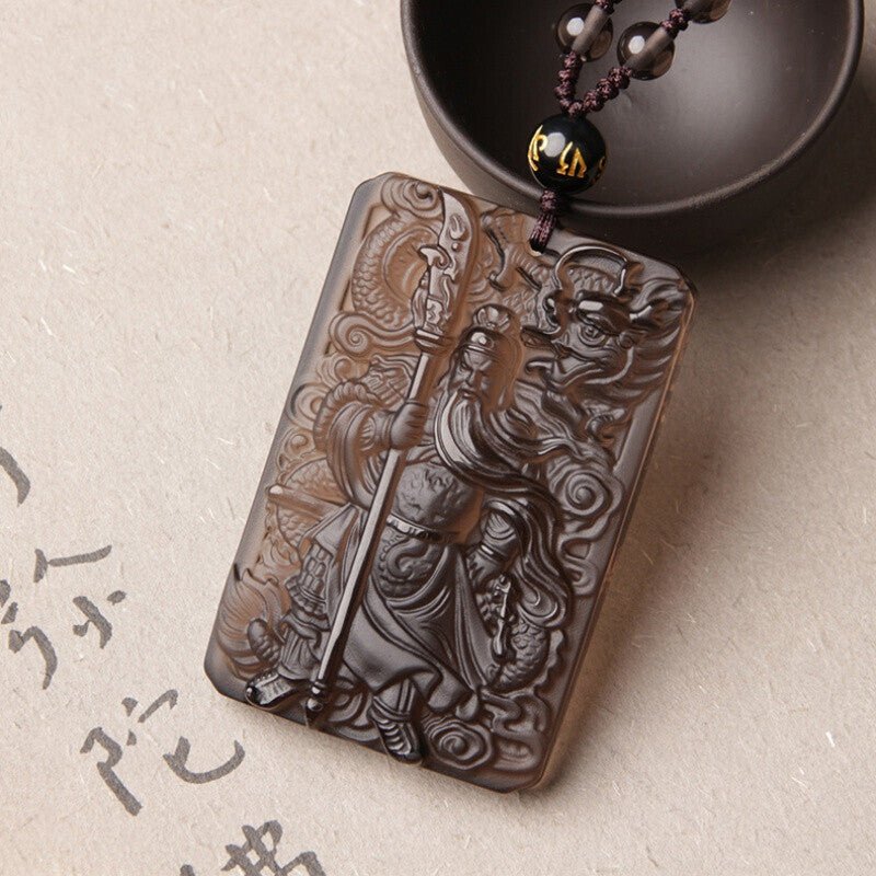 jade necklace - ice - grade obsidian guan gong pendant, warrior god with dragon head, men's necklace - star8s