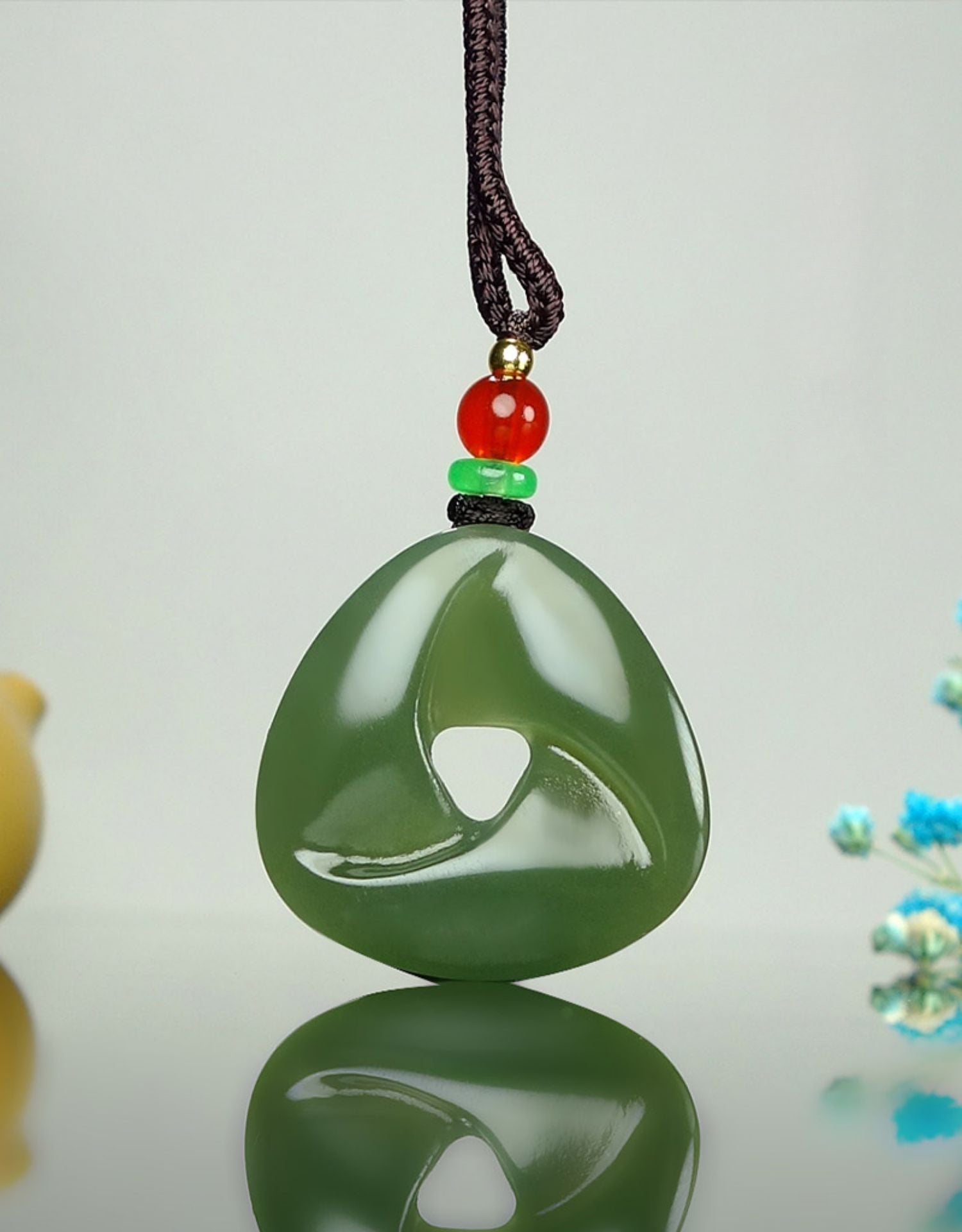 Jade Necklace - Triangular HeTian Jade Amulet Pendant with Colorful Beads for Good Fortune and Peace - STAR8S