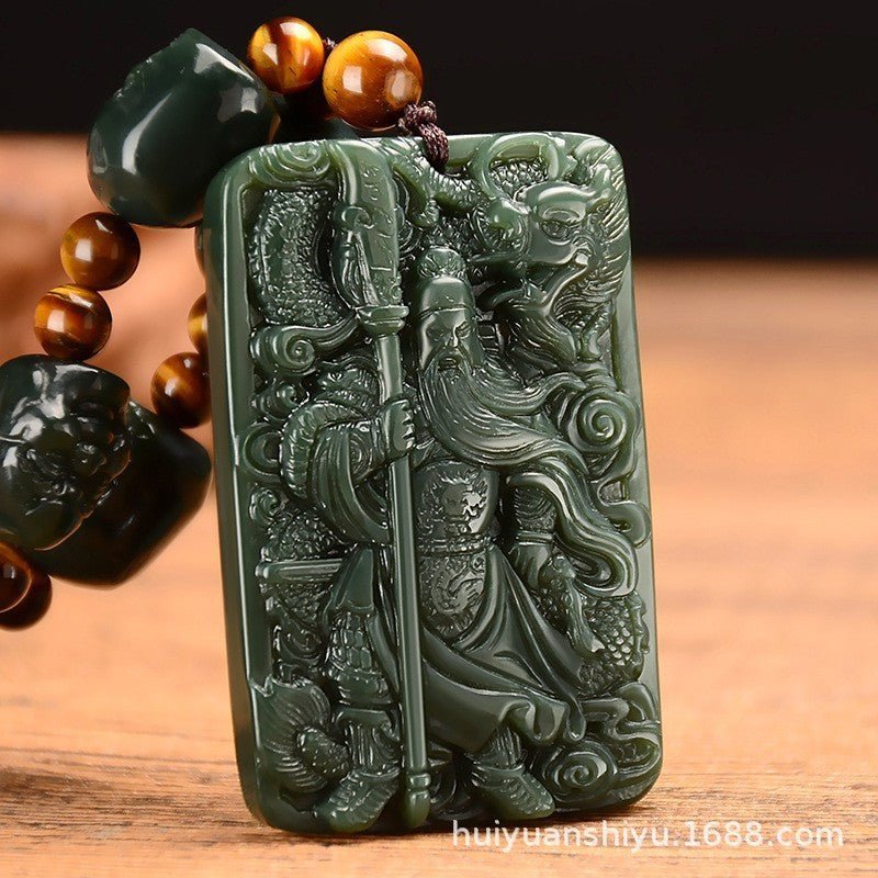 Jade Necklace with Guan Gong Pendant - Powerful and Protective Green Jade Amulet - Adjustable Necklace for Men - STAR8S
