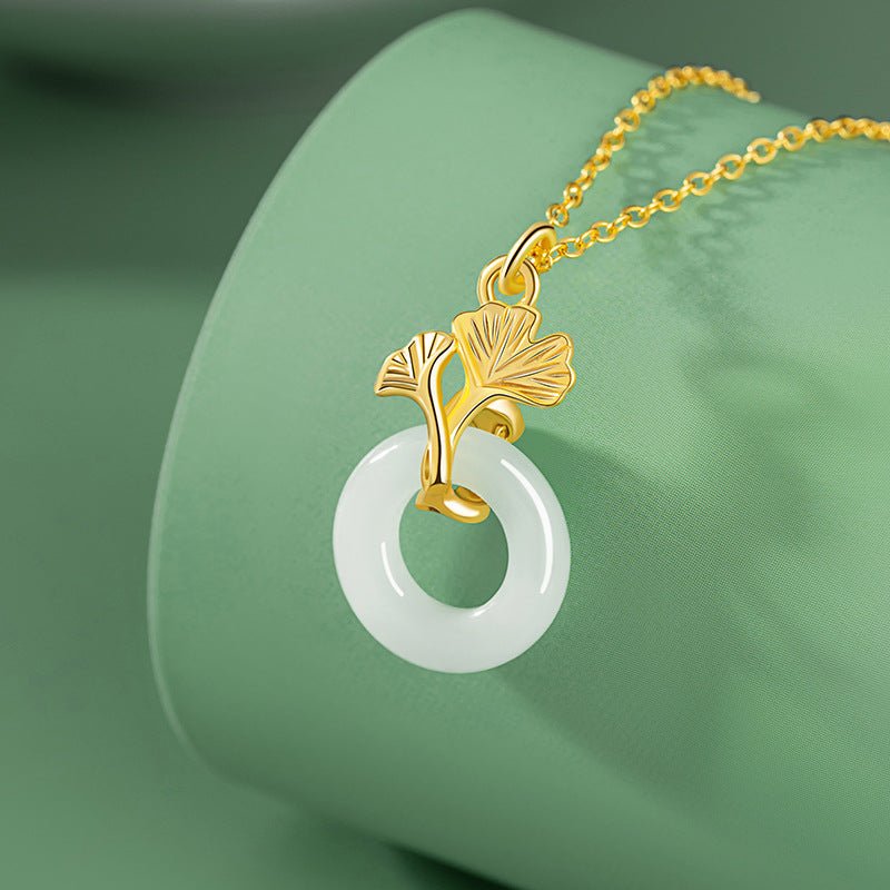 Jade Pendant Necklace - Sterling Silver 925 Heitian Ginkgo Leaf & Donut | STAR8S