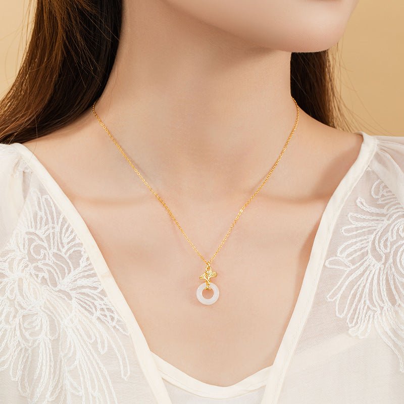 Jade Pendant Necklace - Sterling Silver 925 Heitian Ginkgo Leaf & Donut | STAR8S