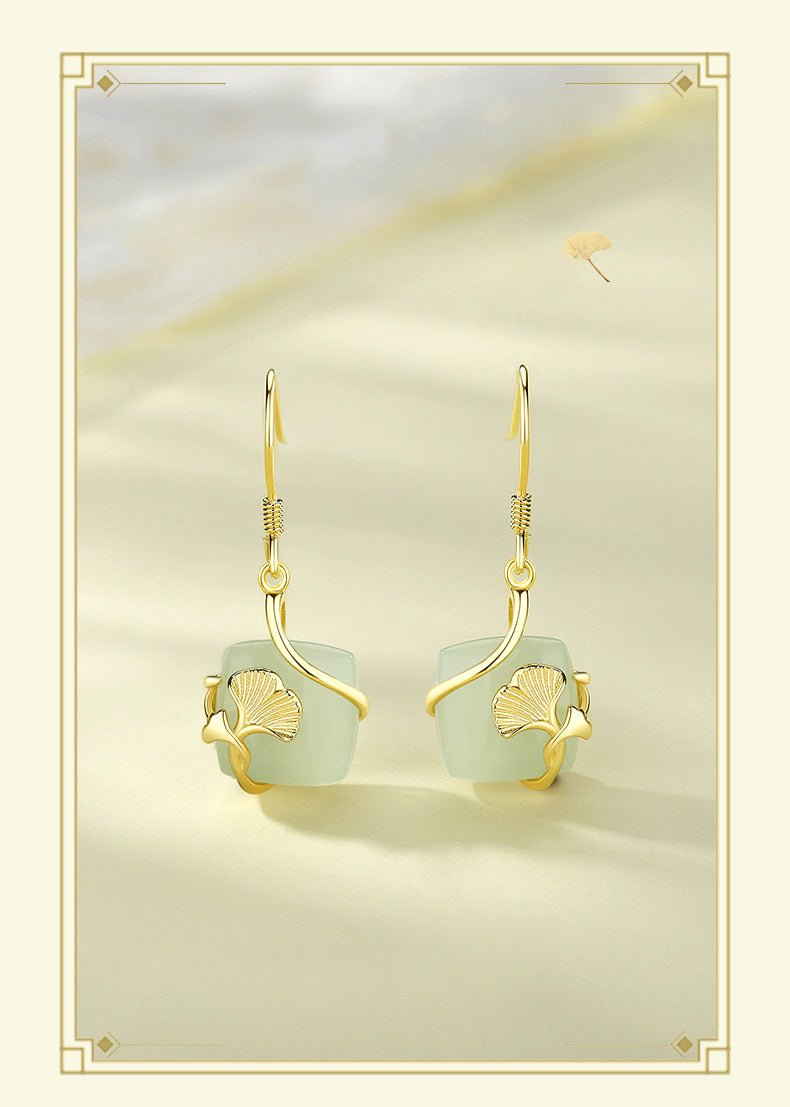 lucky gingko leaf stud earring - 925 silver hetian jade cube sugar earrings | star8s