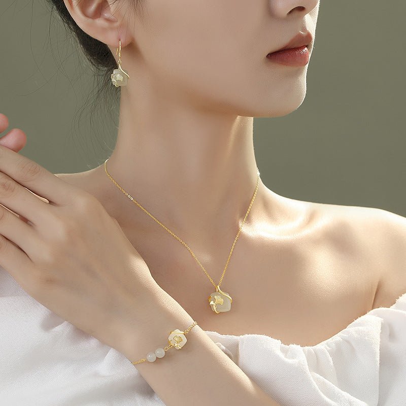 Lucky Gingko Leaf Stud Earring - 925 Silver Hetian Jade Cube Sugar Earrings | STAR8S