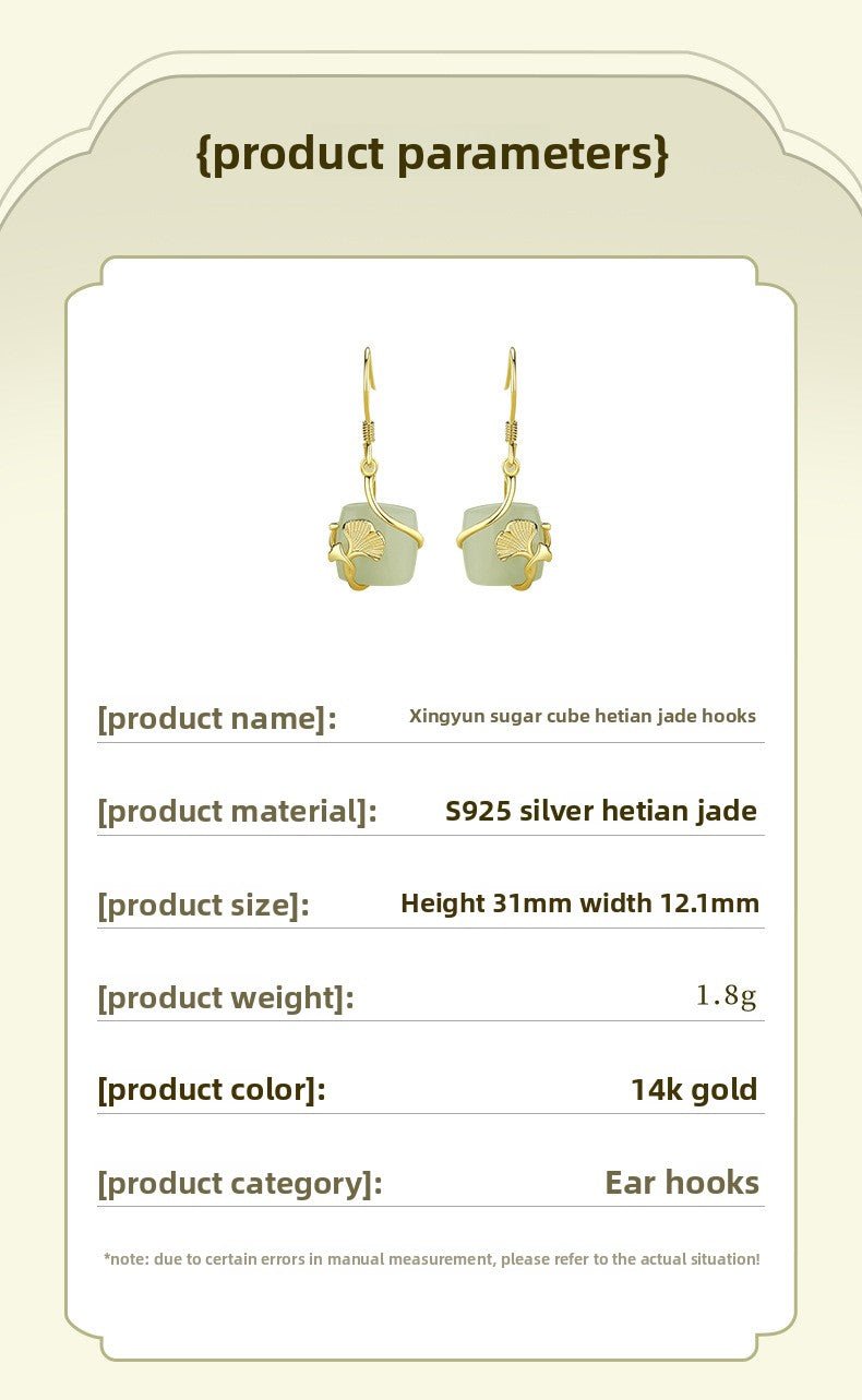 Lucky Gingko Leaf Stud Earring - 925 Silver Hetian Jade Cube Sugar Earrings | STAR8S