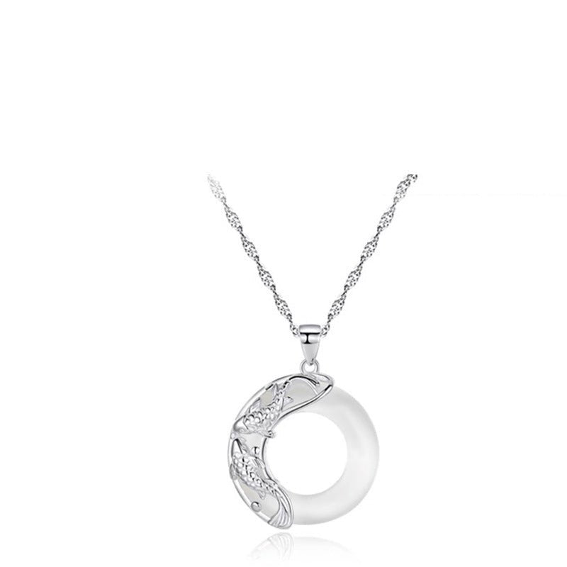 Lucky Koi Fish Jade Pendant Necklace – Pure Silver Moon Design with Cat’s Eye Stone, Gift for Her - STAR8S