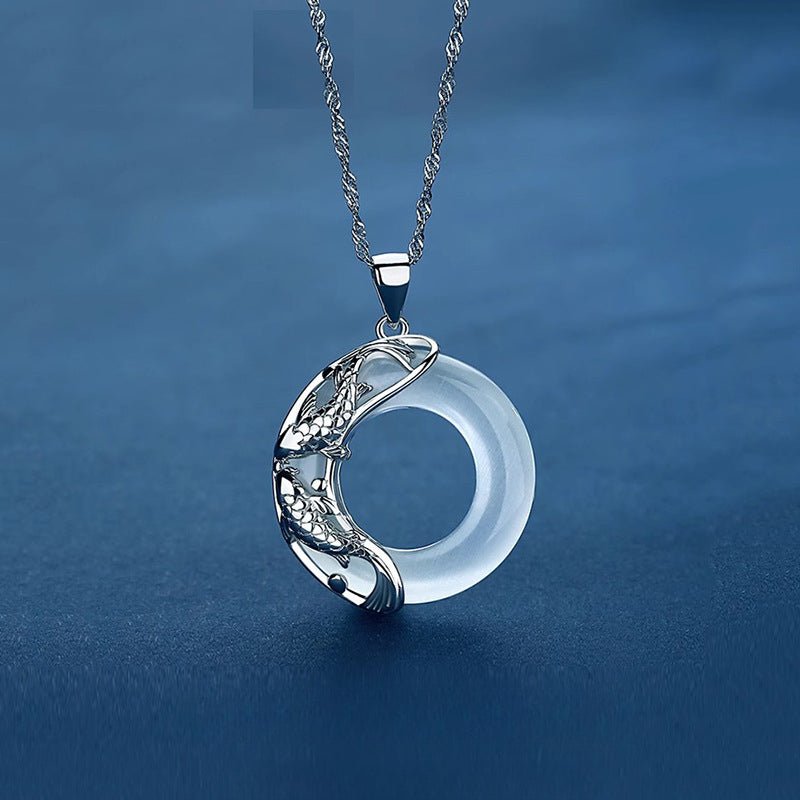 lucky koi fish jade pendant necklace – pure silver moon design with cat’s eye stone, gift for her - star8s
