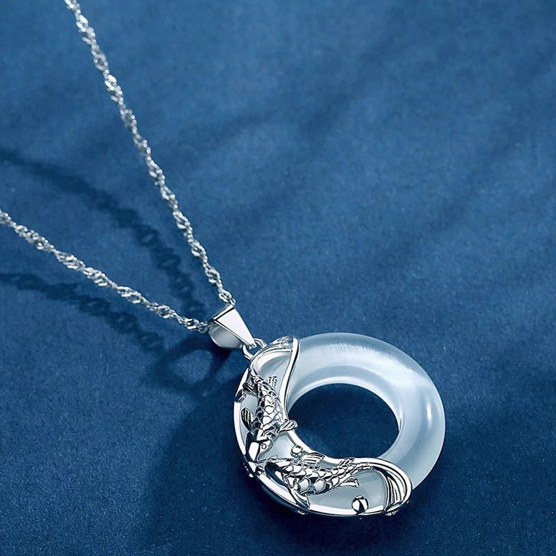 Lucky Koi Fish Jade Pendant Necklace – Pure Silver Moon Design with Cat’s Eye Stone, Gift for Her - STAR8S