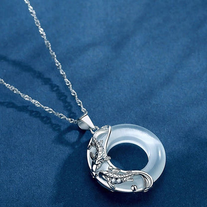 Lucky Koi Fish Jade Pendant Necklace – Pure Silver Moon Design with Cat’s Eye Stone, Gift for Her - STAR8S