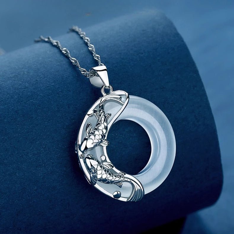 Lucky Koi Fish Jade Pendant Necklace – Pure Silver Moon Design with Cat’s Eye Stone, Gift for Her - STAR8S