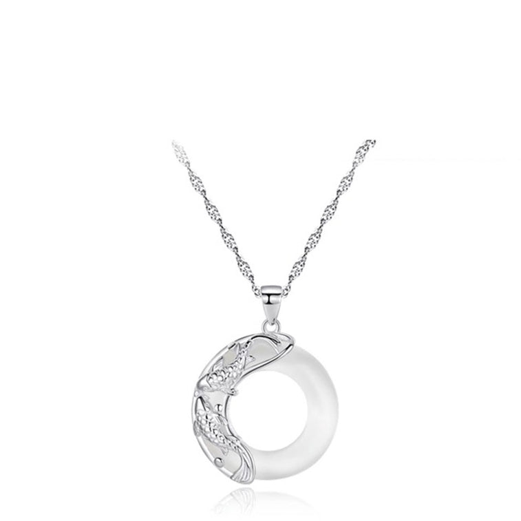 Lucky Koi Fish Jade Pendant Necklace – Pure Silver Moon Design with Cat’s Eye Stone, Gift for Her - STAR8S